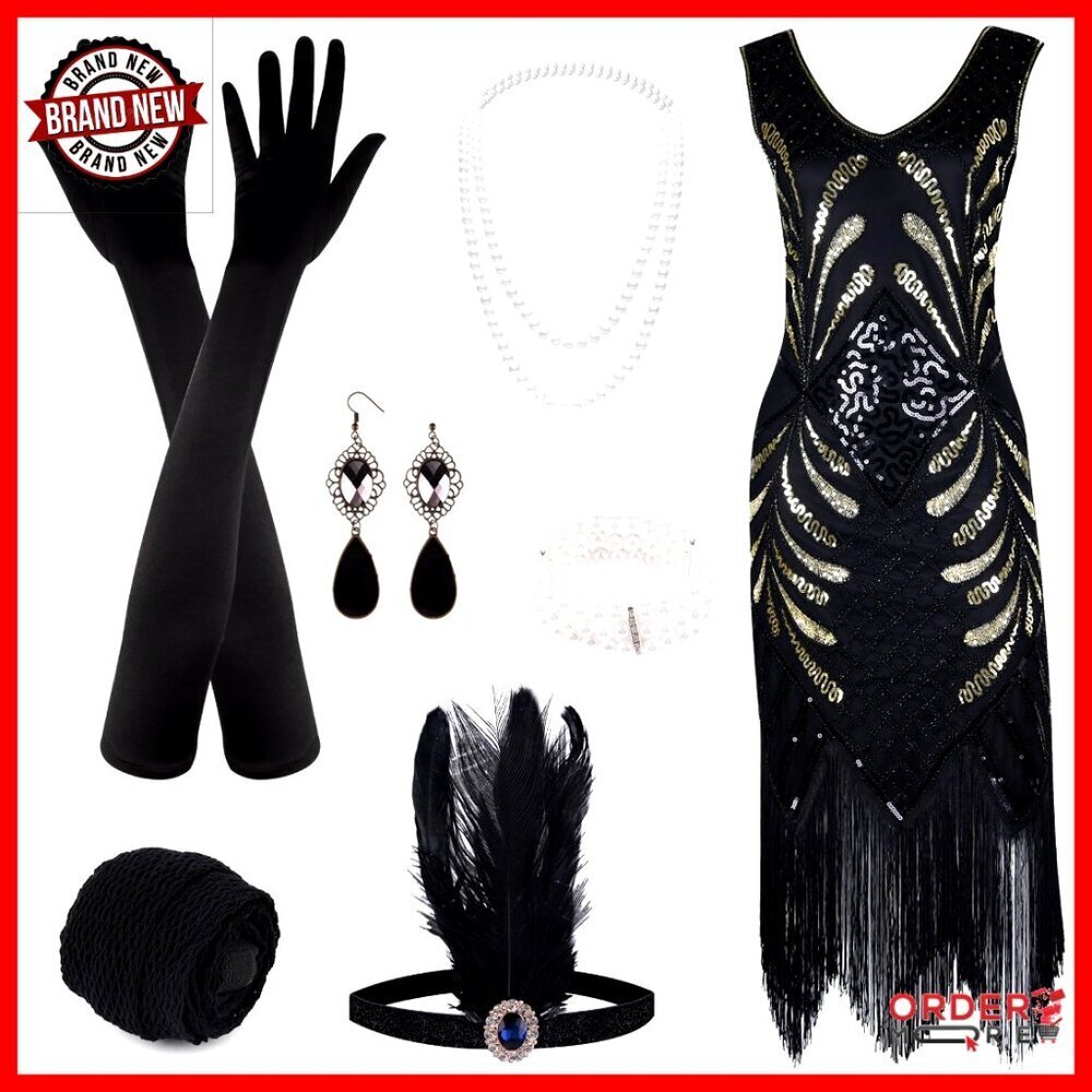 1920s Sequin Beaded Fringe Midi Dress with Accessories Set Sizes SML